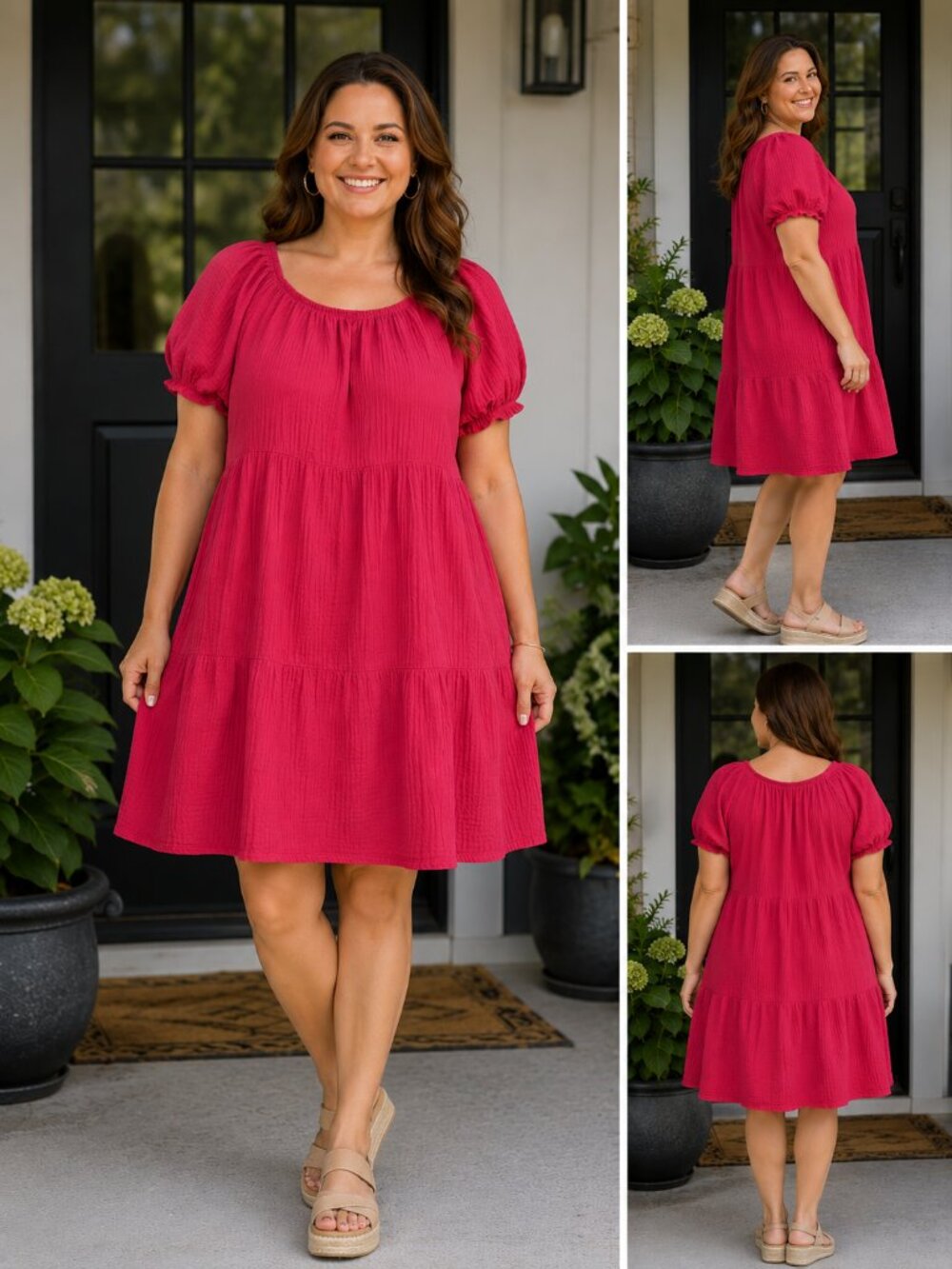 Beach Lunch Lounge 100% Cotton Raspberry  Red Tiered Puff Sleeve Dress XXL Boho